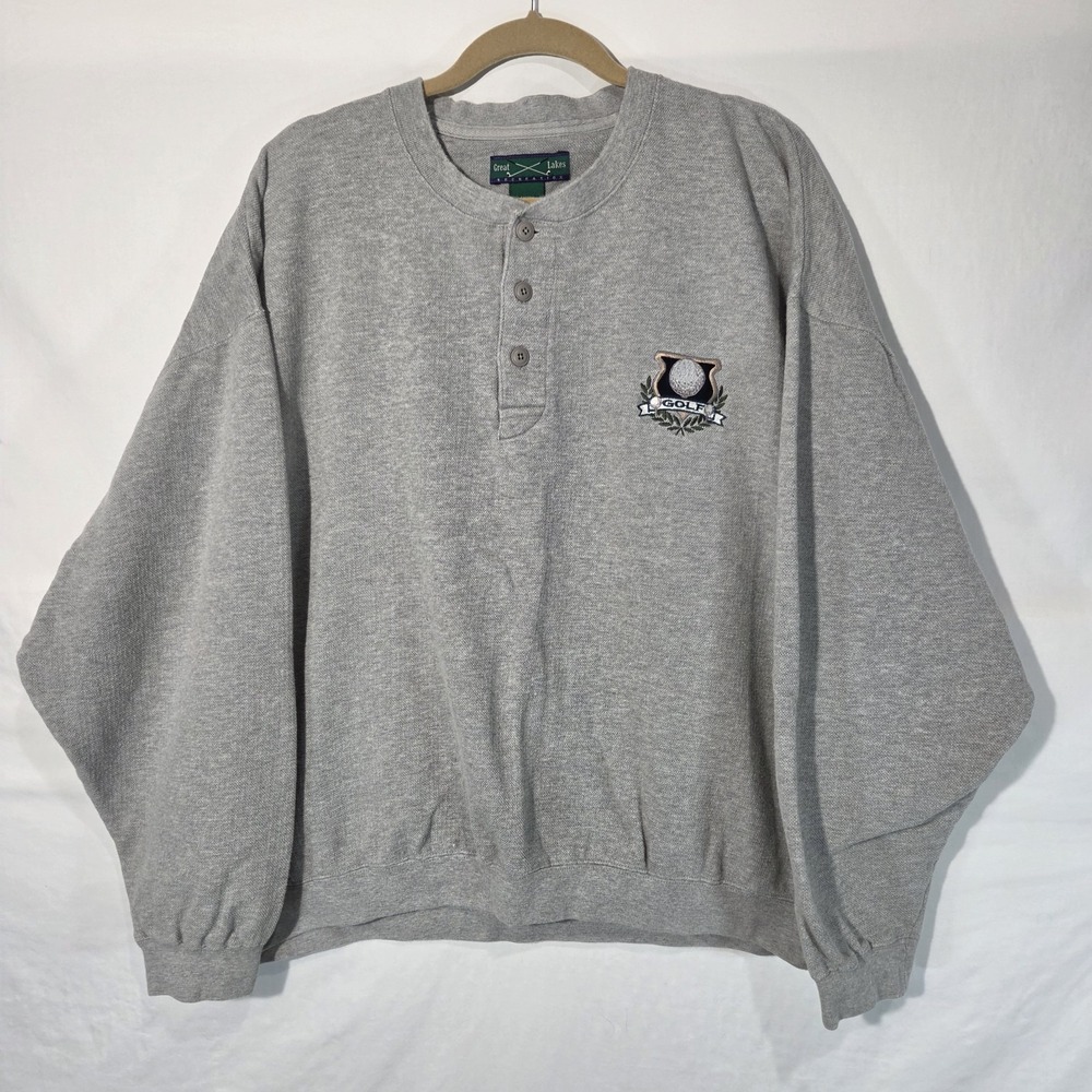 Vintage Great Lakes Rec Mens Gray Henley 2XL Golf Crest Embroidered Preppy